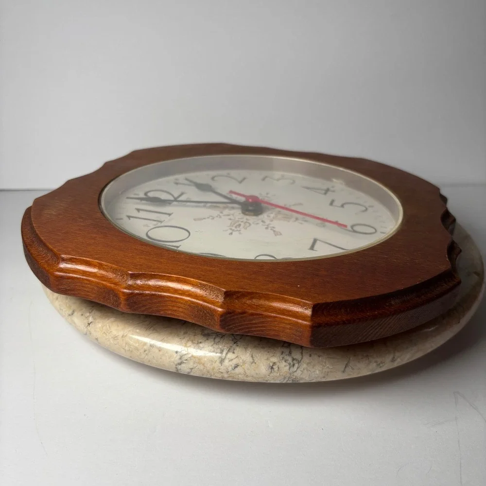 Elgin Wall Clock Brown Wood Scalloped Quartz Floral Made in USA Cottagecore 10